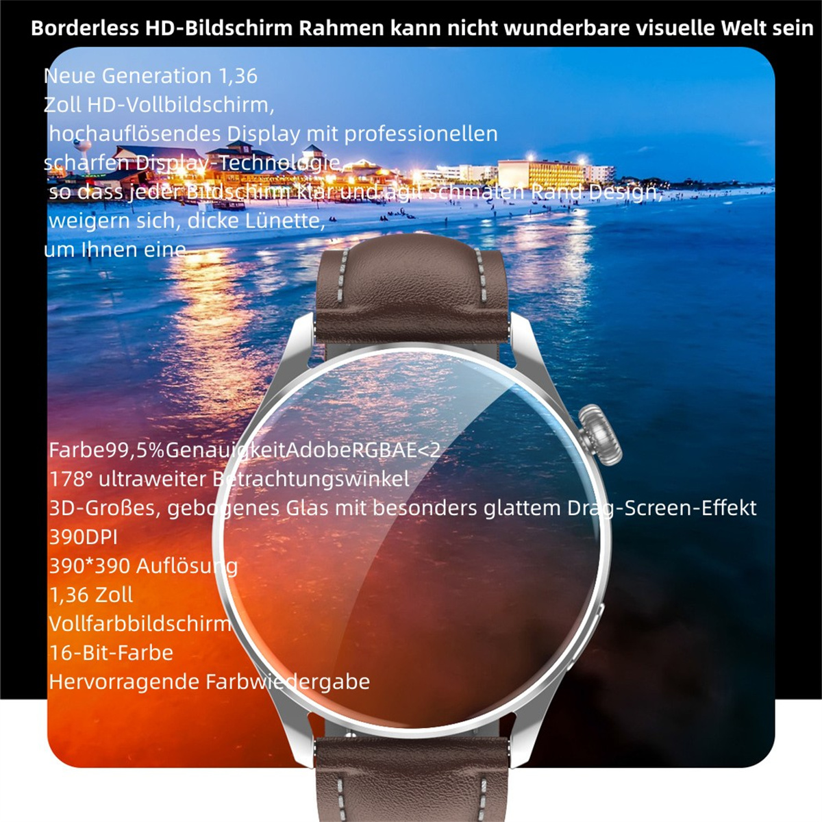Ein Zifferblatt mit braunem Lederarmband, Details und Text auf Deutsch. Es ist eine Nahaufnahme.