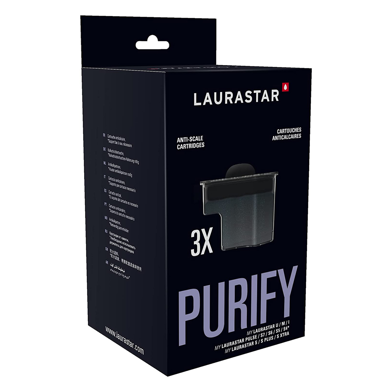 Eine Box mit Anti-Kalk-Patronen. Die Box ist schwarz, mit weißem und violettem Text.