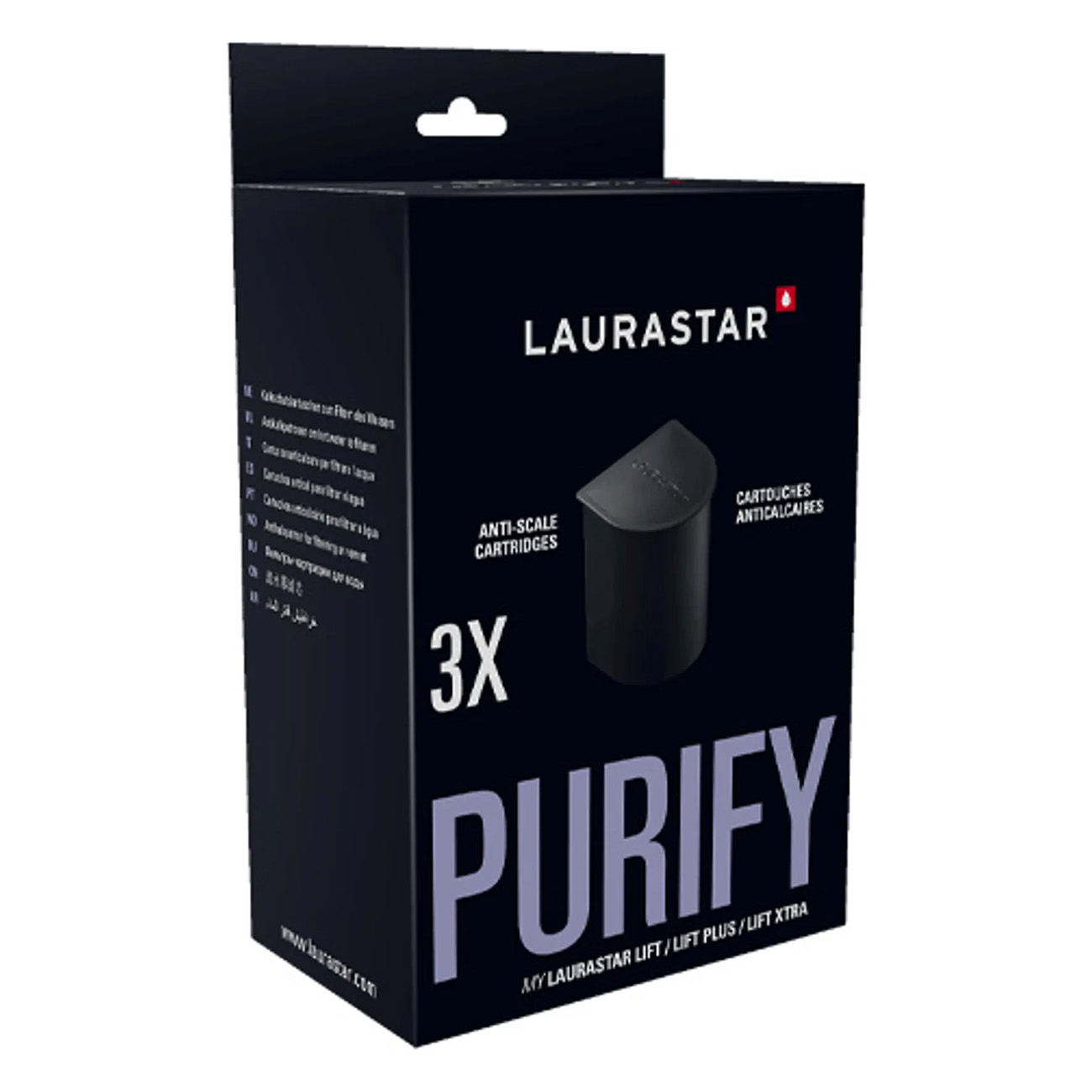 Schwarze Box mit Text: 'LAURASTAR PURIFY' und Patronen.