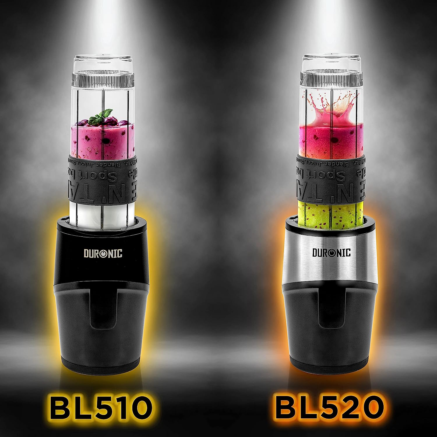 Zwei Mixer mit Zutaten, einer gemischt. Text BL510 und BL520 vorne.