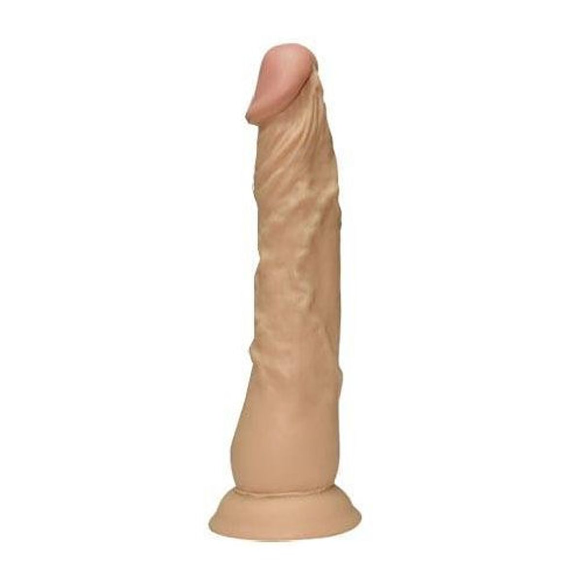 Ein beigefarbener Dildo steht vertikal vor einem weißen Hintergrund. Er hat einen abgerundeten Kopf und einen strukturierten Schaft mit einem ausgestellten Sockel.