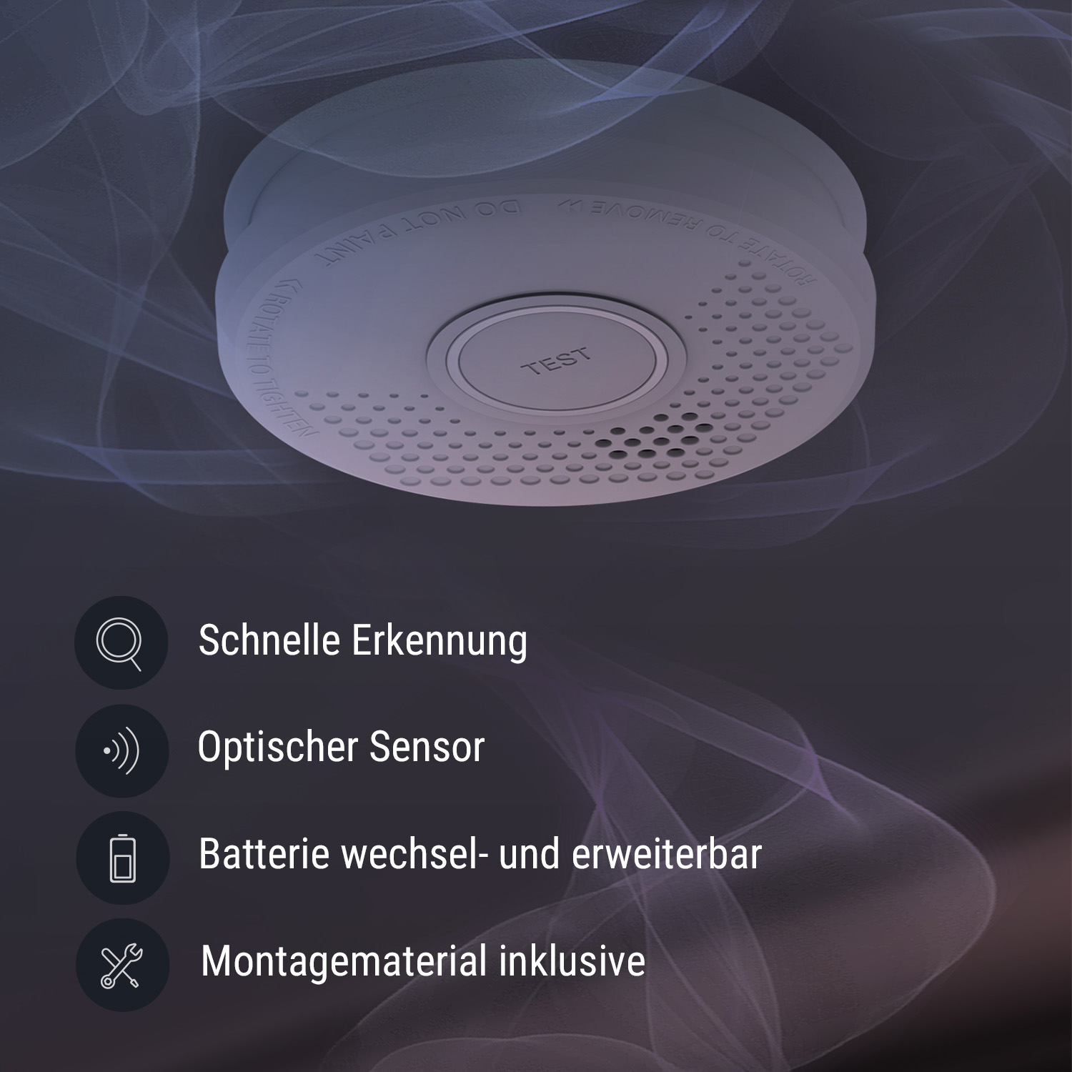 Rilevatore di fumo con icone che descrivono le caratteristiche: rilevamento rapido, sensore ottico, batteria sostituibile e materiale di installazione.