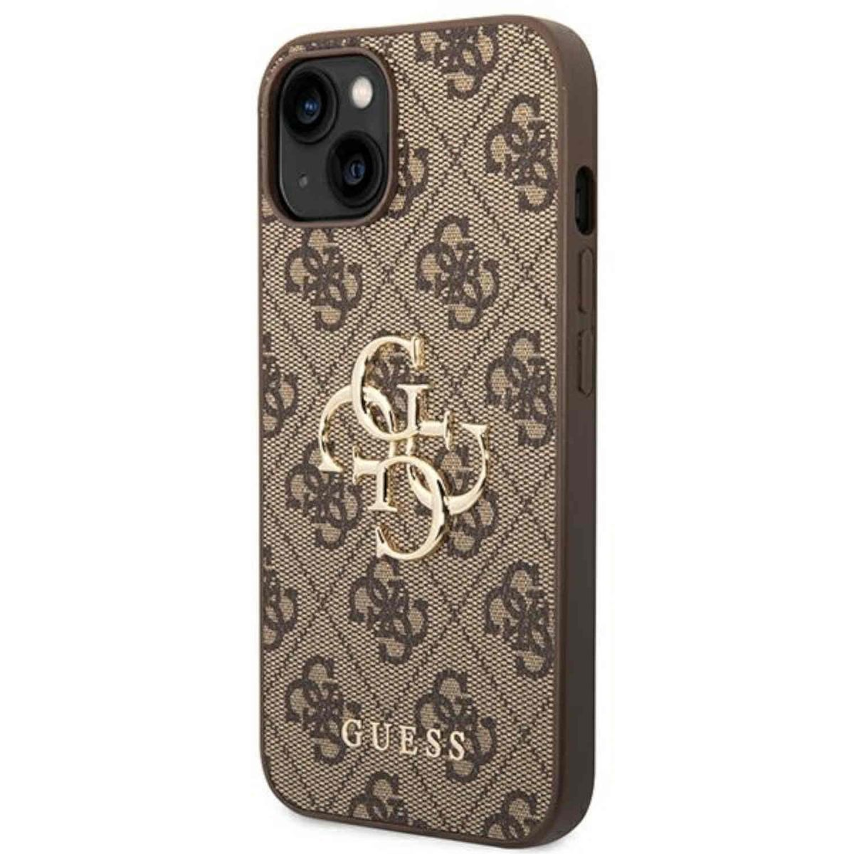 Primo piano di una custodia per telefono Guess con motivo monogramma marrone.