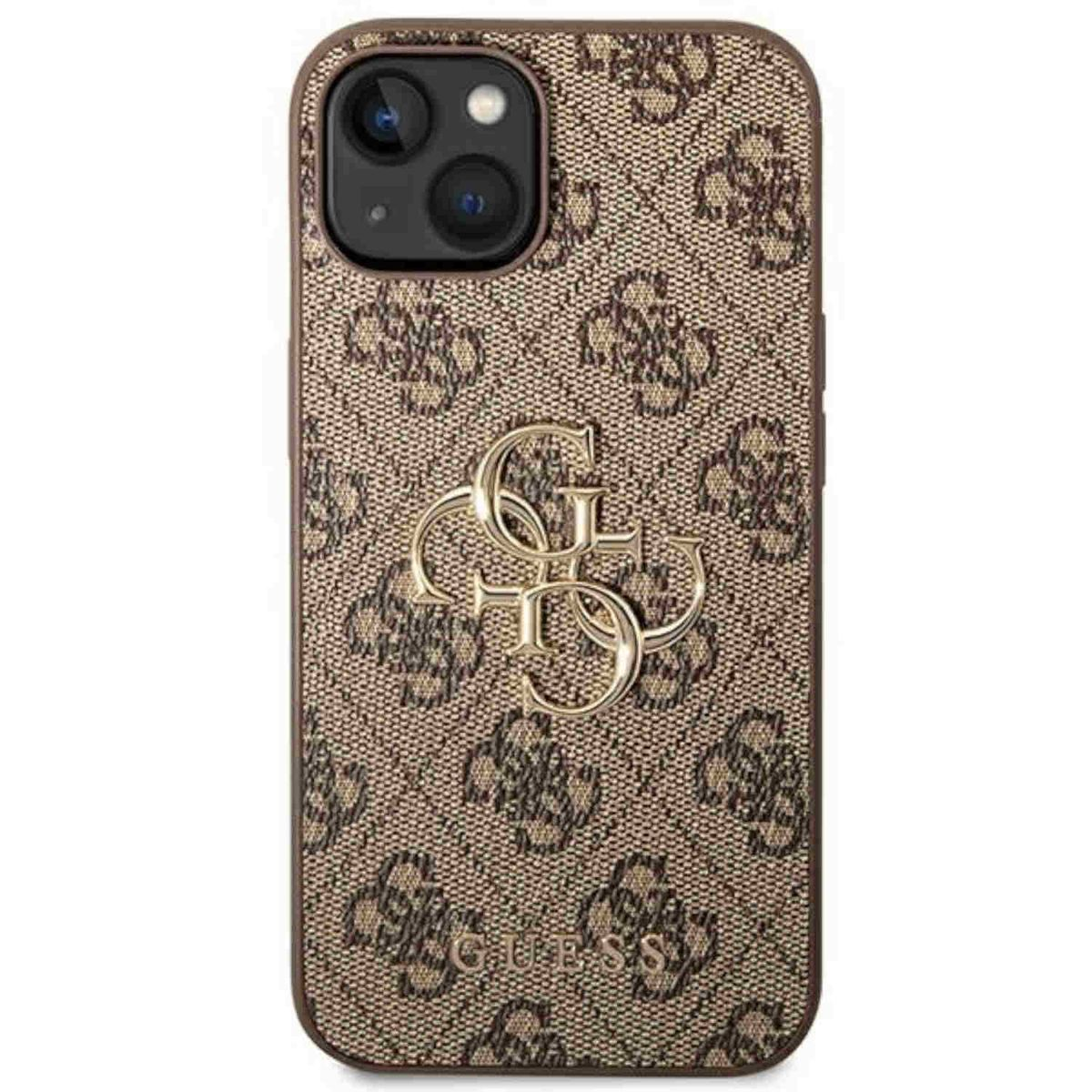 Custodia per telefono con motivo ripetuto. La custodia ha un logo dorato al centro e una cornice marrone.