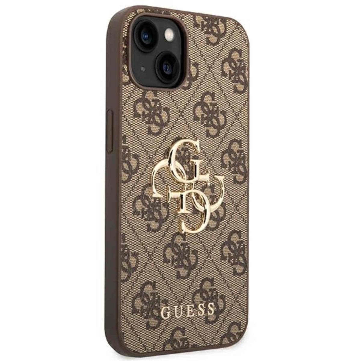 Custodia per telefono Guess marrone con motivo logo e logo dorato.