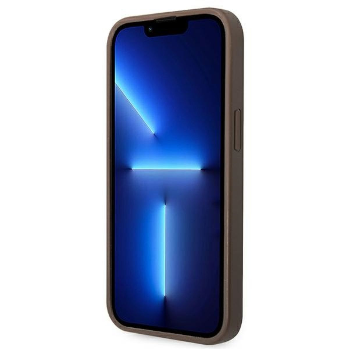 Una custodia per telefono marrone con un telefono. Il telefono ha uno schermo blu.