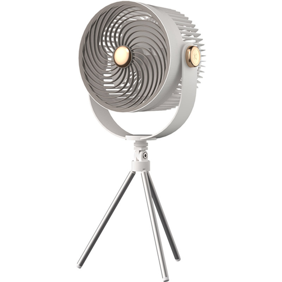 Weißer und goldener Ventilator auf einem Stativ. Es hat einen runden Ventilator und ist auf weißem Hintergrund.