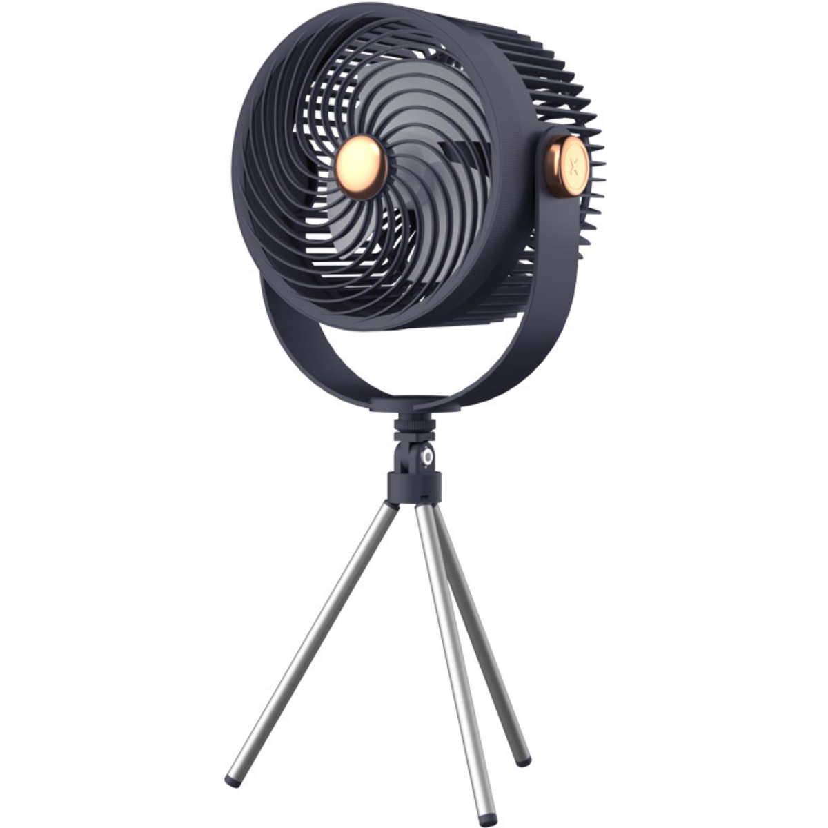 Ein rotierender Ventilator auf einem Stativ mit blauem und goldenem Farbschema.