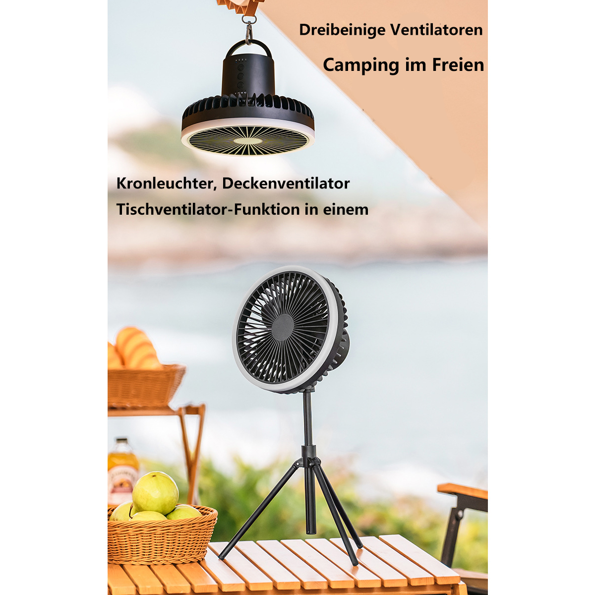 Zwei schwarze Ventilatoren, einer hängend, einer auf einem Stativ, mit Text über Camping und Belüftung.