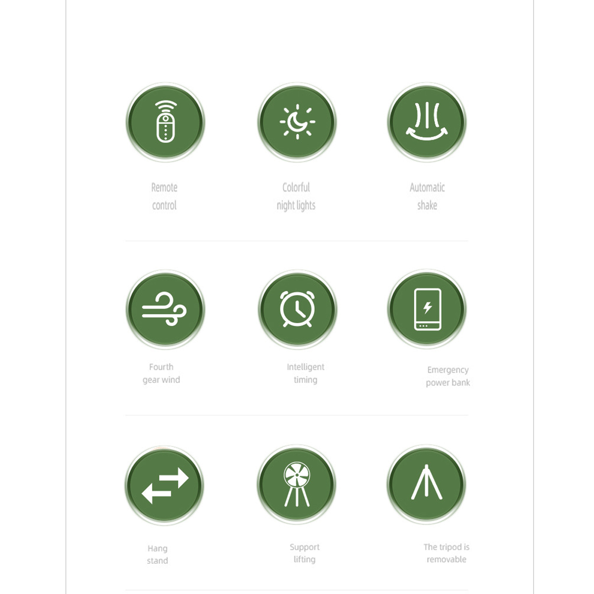 Symbole für Fernbedienung, Nachtlichter, Schütteln, Wind, Timing, Powerbank, Ständer, Heben und Stativ.