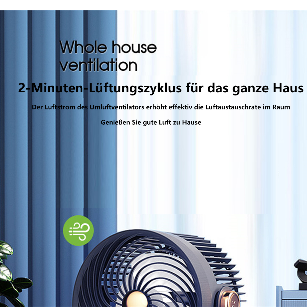 Nahaufnahme eines Ventilators mit Text zur Belüftung.