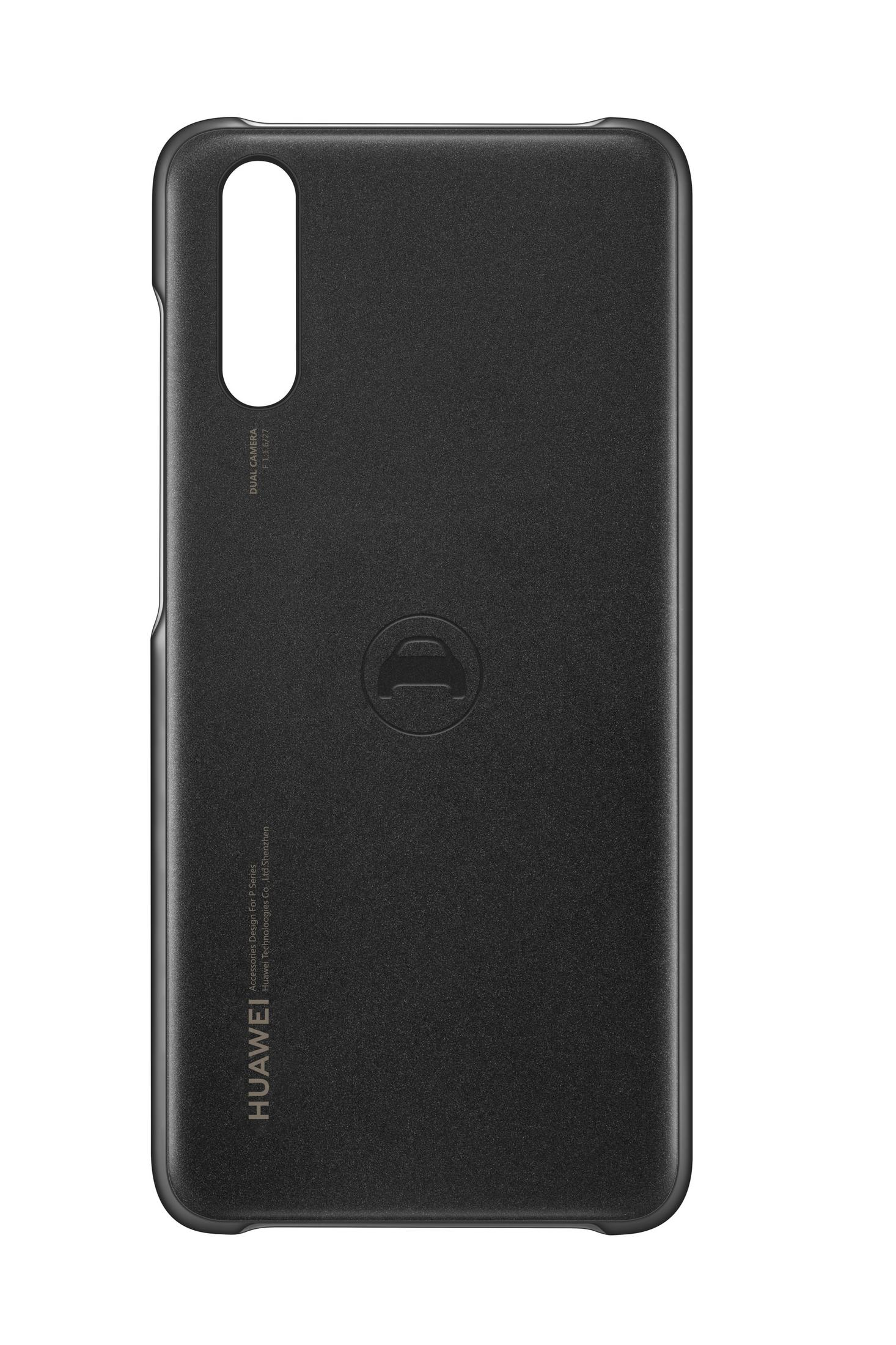 Una custodia nera per telefono con un ritaglio per la fotocamera e un logo. La custodia è su sfondo bianco.