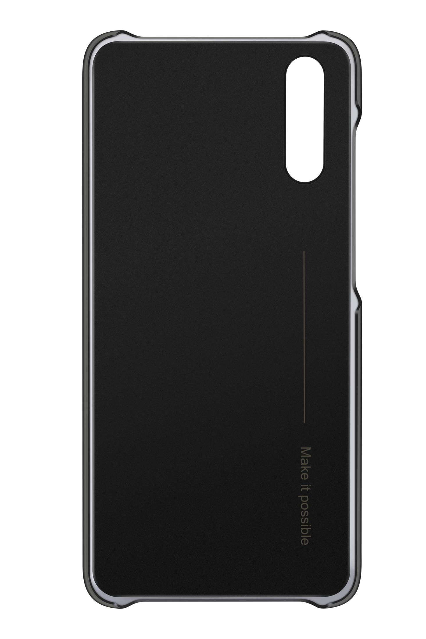 Custodia per telefono nera con ritaglio per la fotocamera, una striscia bianca e la scritta 'Make it possible'.