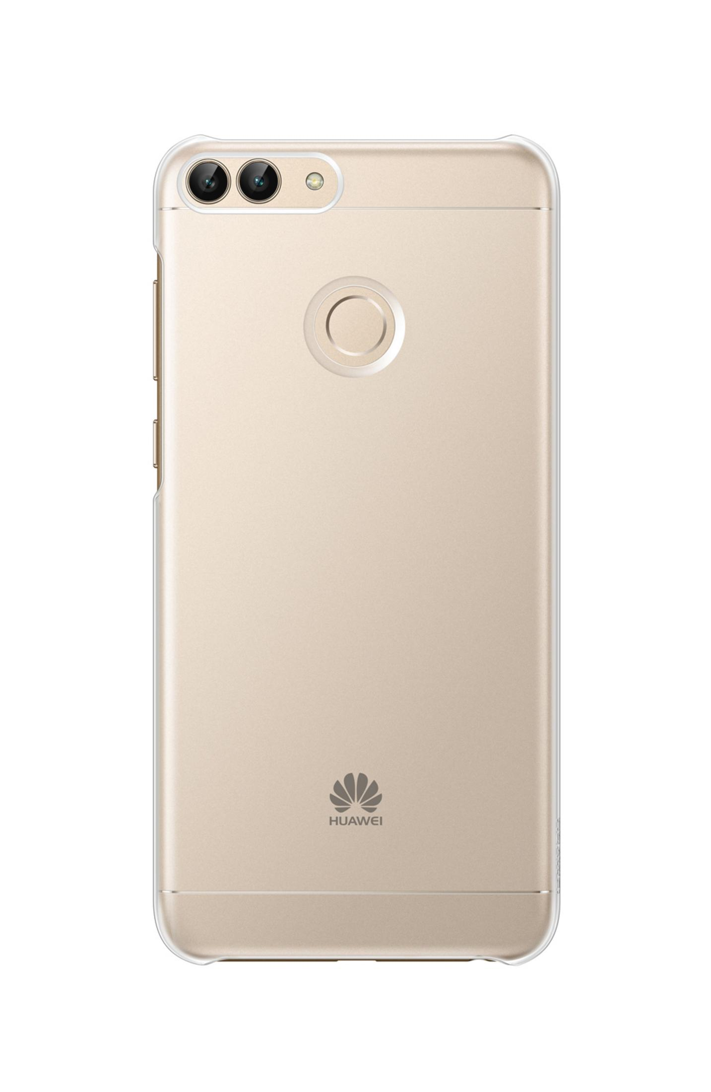 Telefono color oro con custodia trasparente. Il telefono ha una doppia fotocamera e un sensore di impronte digitali.