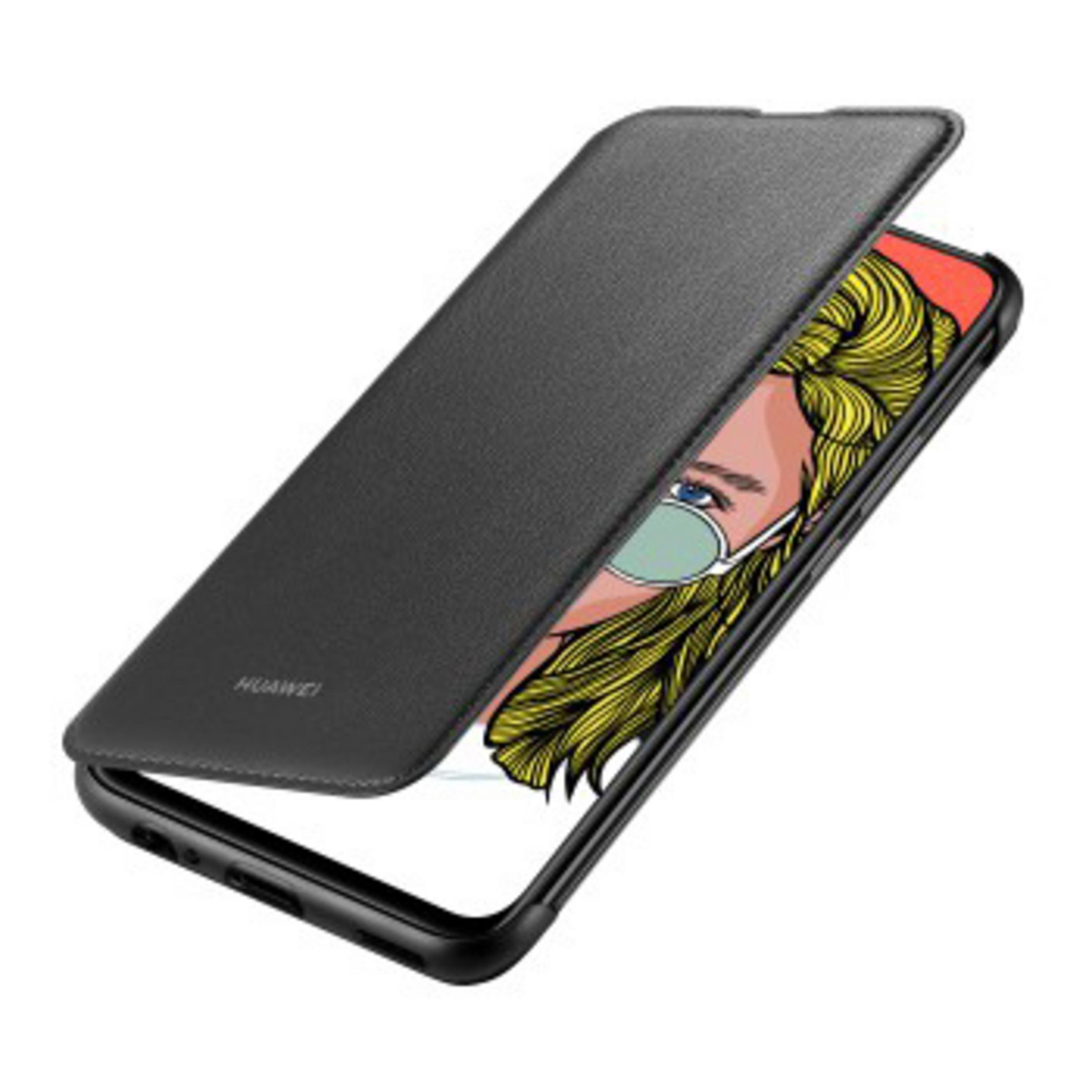 Funda de teléfono negra, abierta para revelar una pantalla de teléfono con la cara de una mujer.
