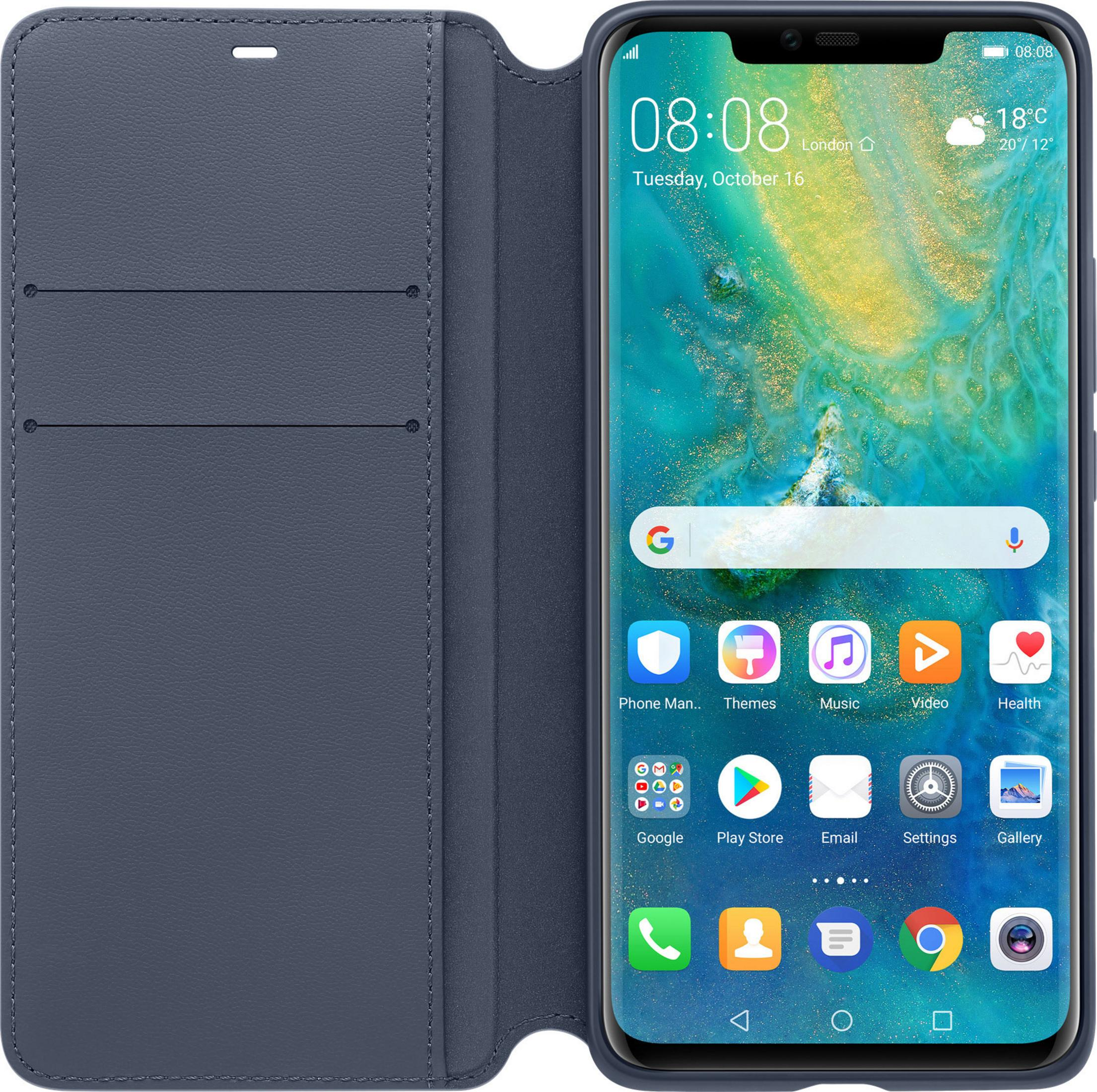 Uno smartphone è aperto, con una custodia blu. Lo schermo mostra icone e l'ora. Lo sfondo è sfocato.