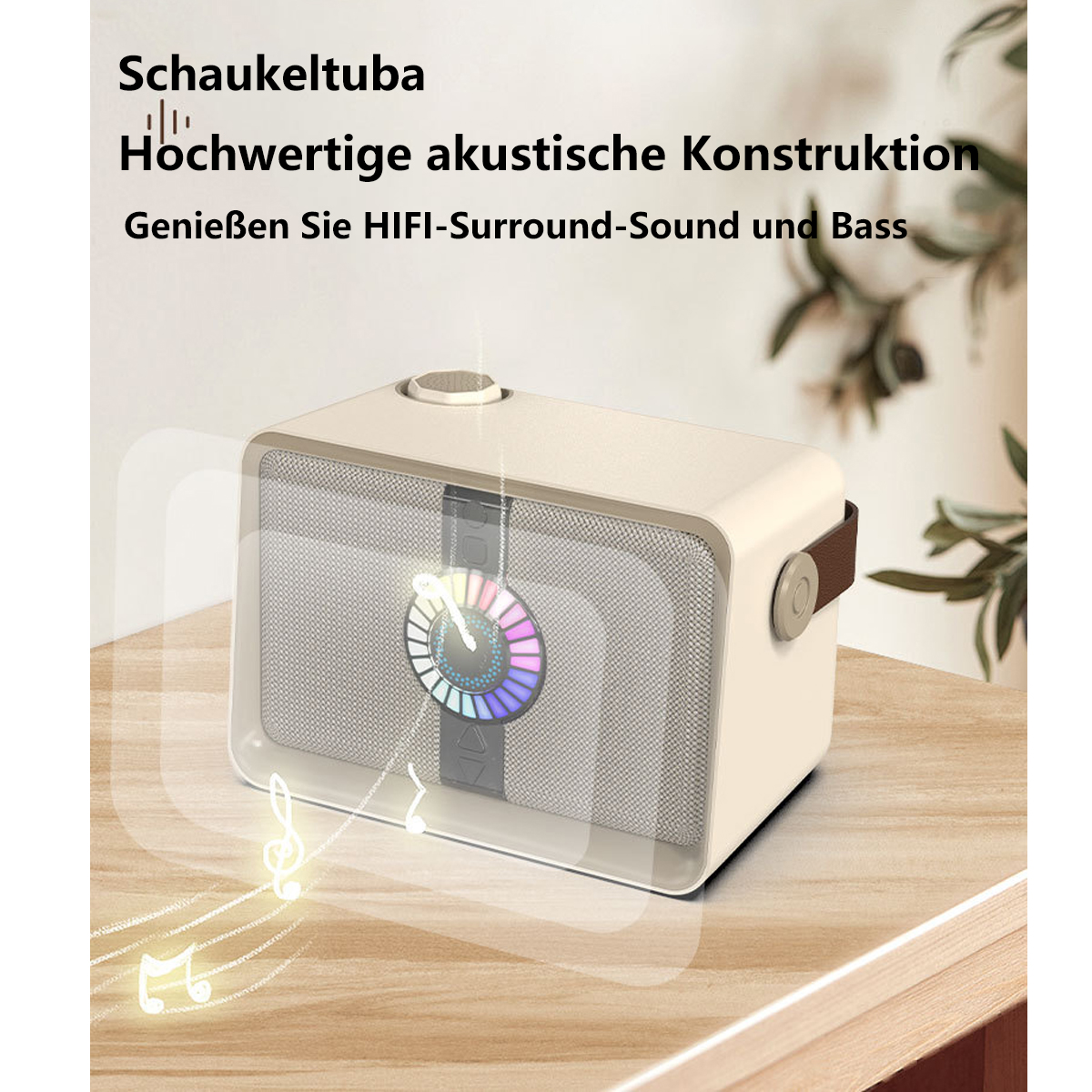 Altavoz crema con pantalla de luz colorida. Texto arriba: 