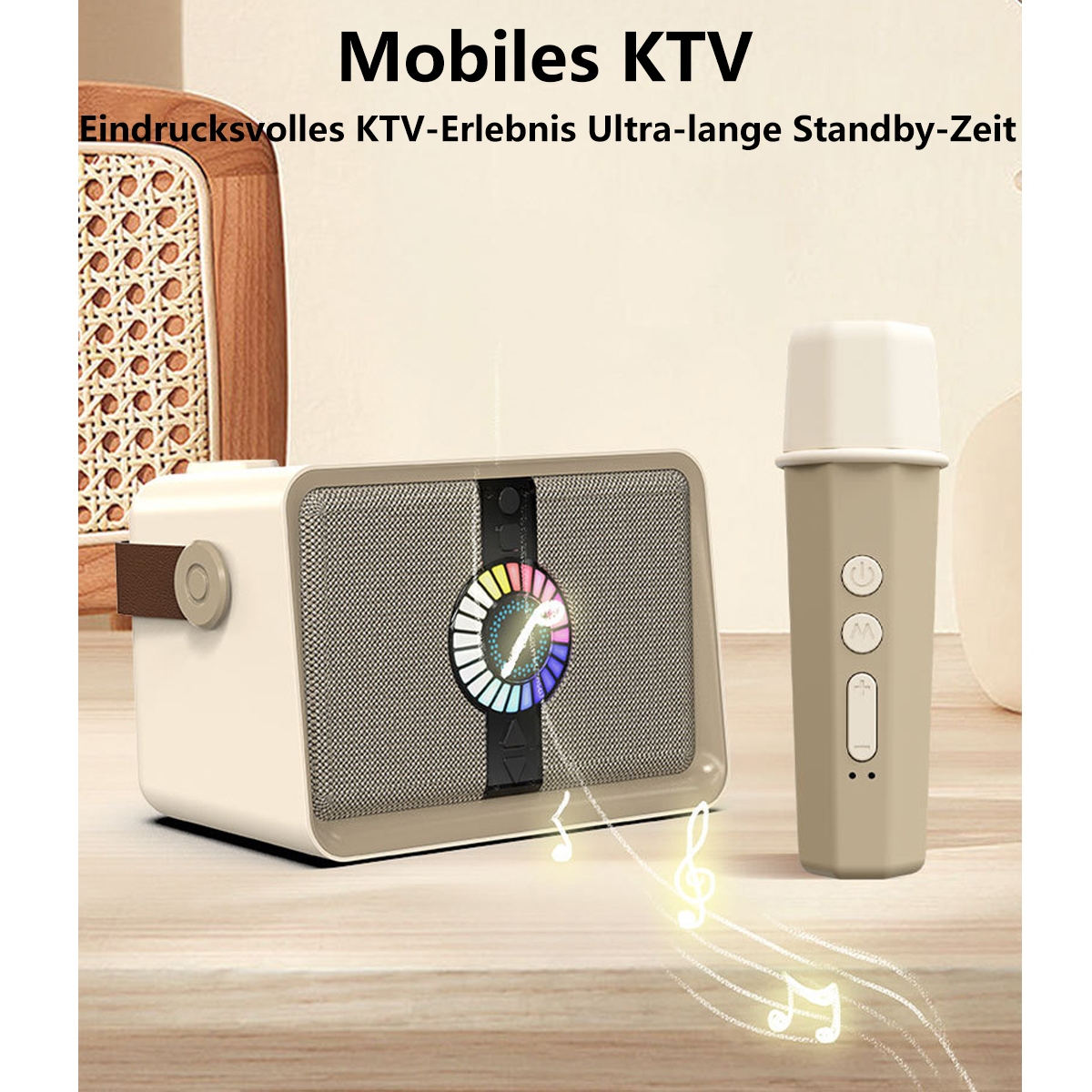 Altavoz con pantalla de luz y micrófono, sobre una superficie de madera. Notas musicales.