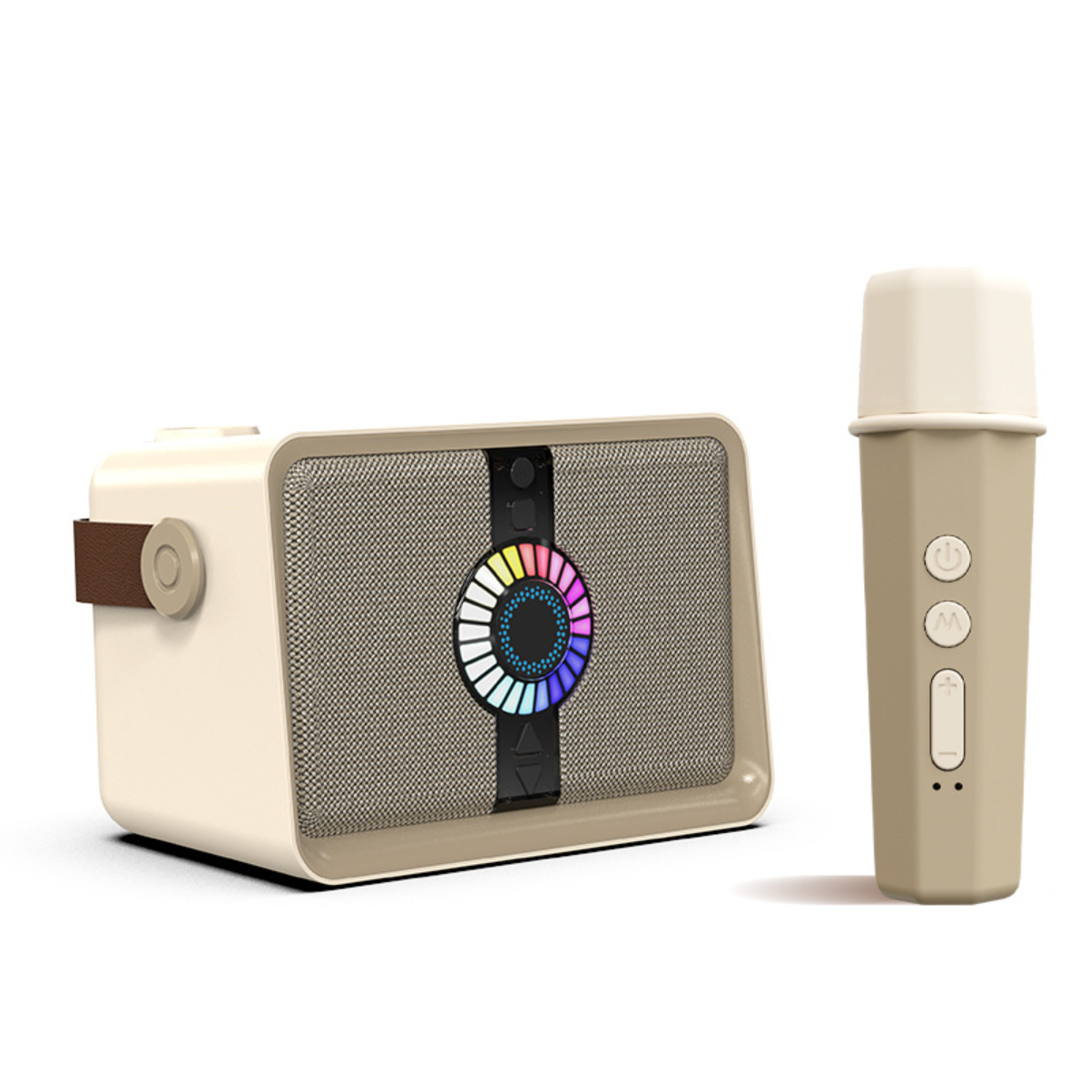 Altavoz beige con micrófono, mostrando luces coloridas.