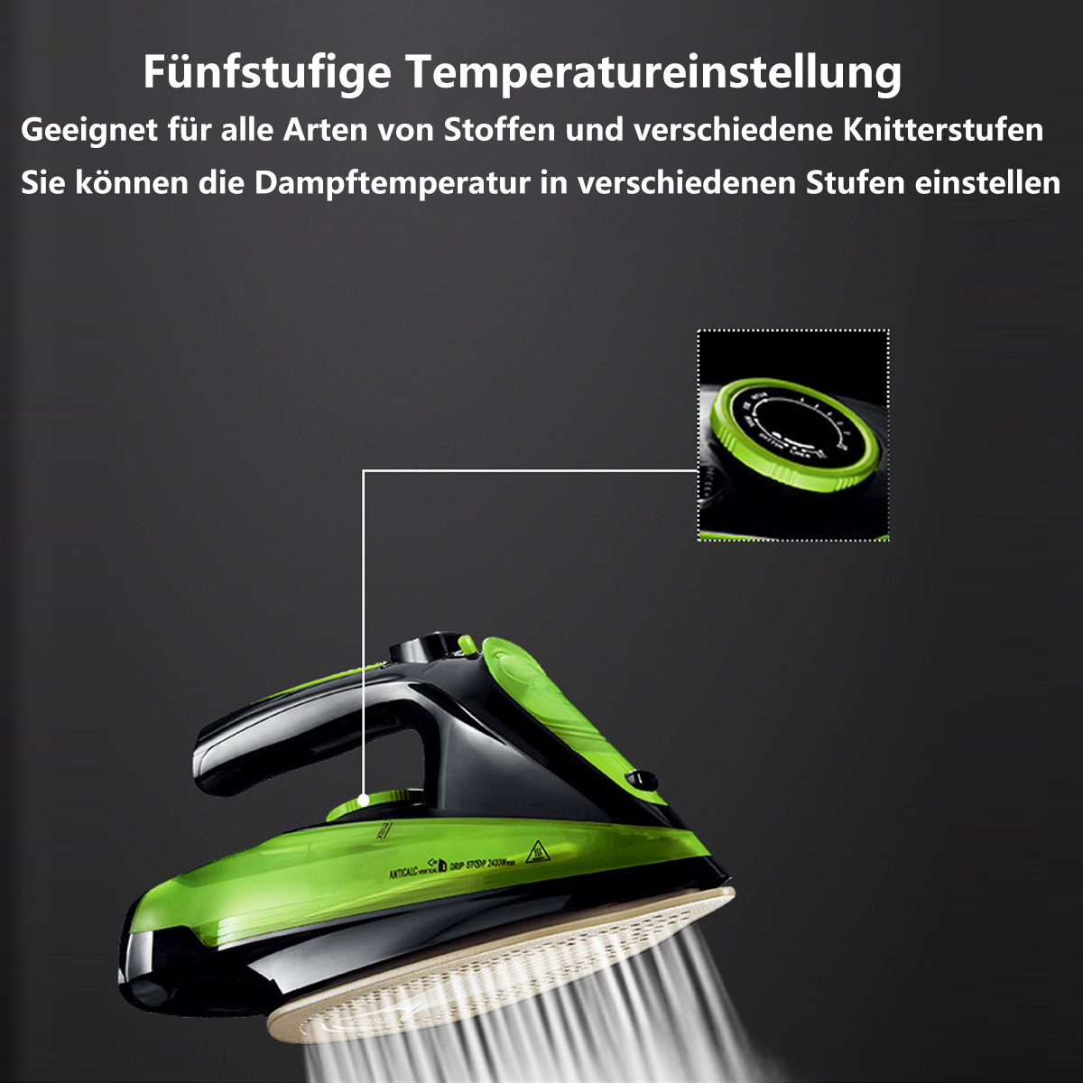 Grünes und schwarzes Bügeleisen mit Text über Temperatureinstellungen und einem Drehregler.