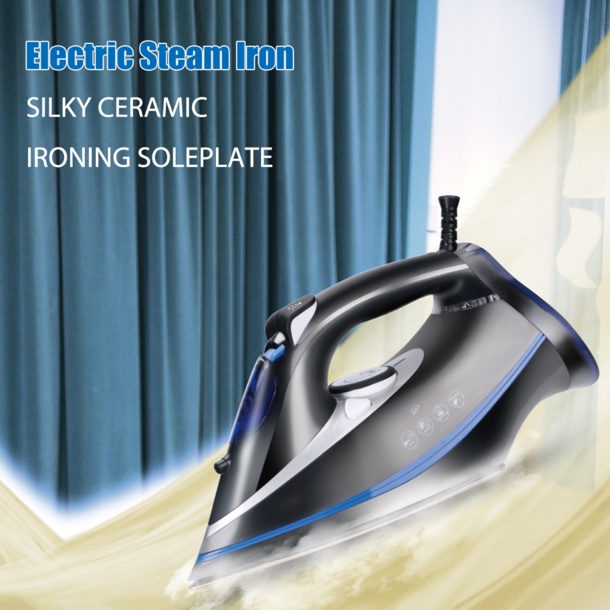 Una plancha de vapor eléctrica negra y plateada con texto 'Electric Steam Iron'.