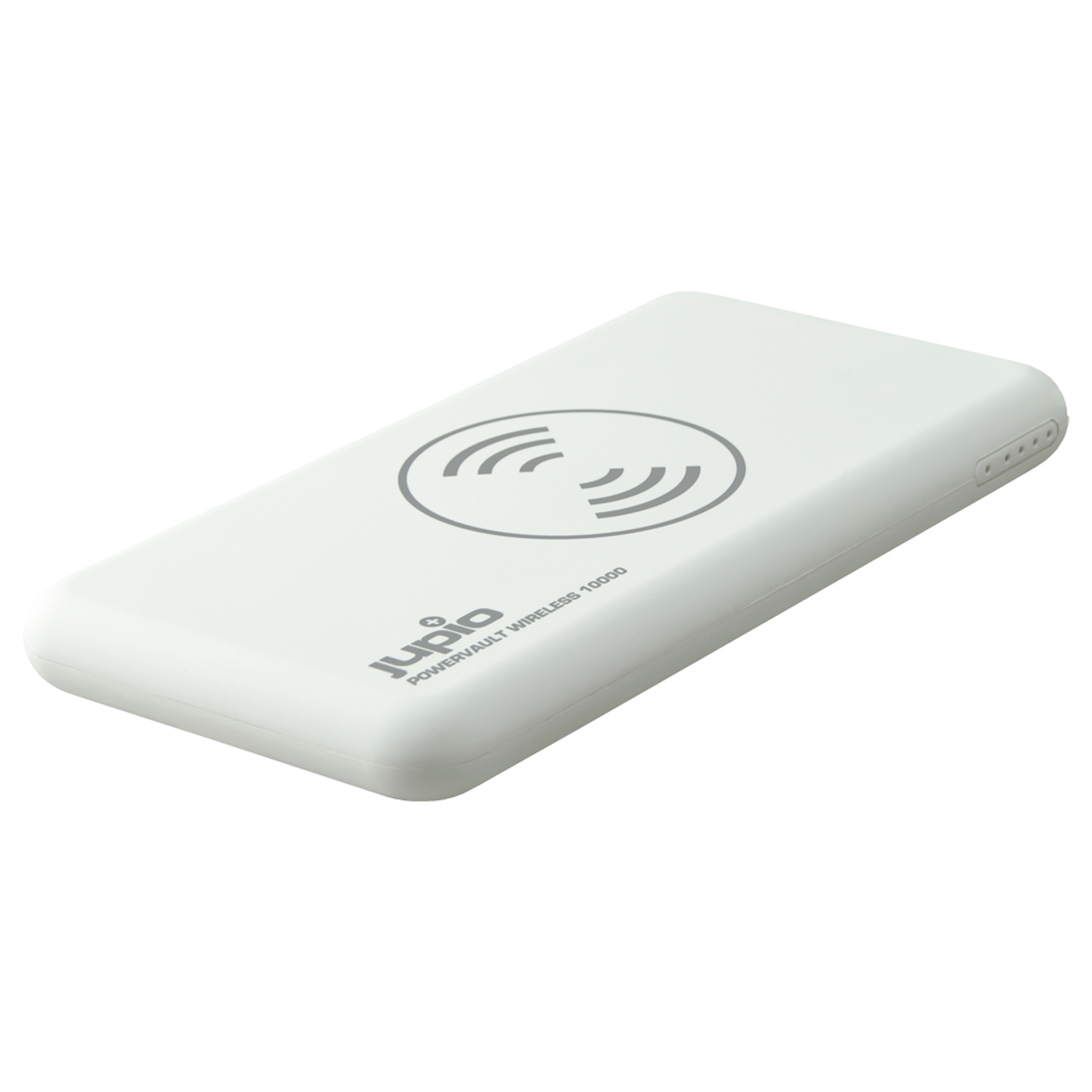 Weiße Powerbank mit kabellosem Ladesymbol und weißem Hintergrund.