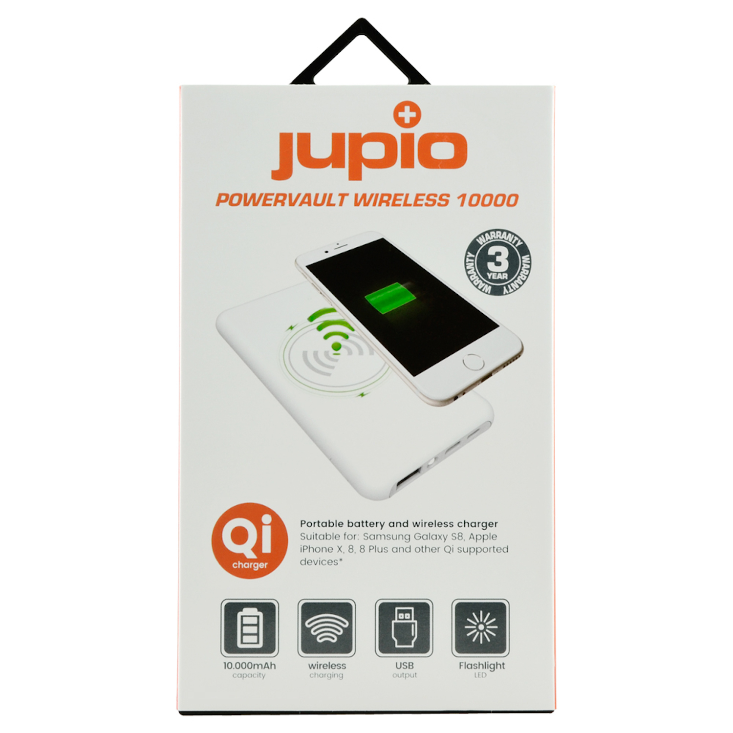 Weiß-schwarze Powerbank-Verpackung. Die Verpackung zeigt ein ladendes Telefon.