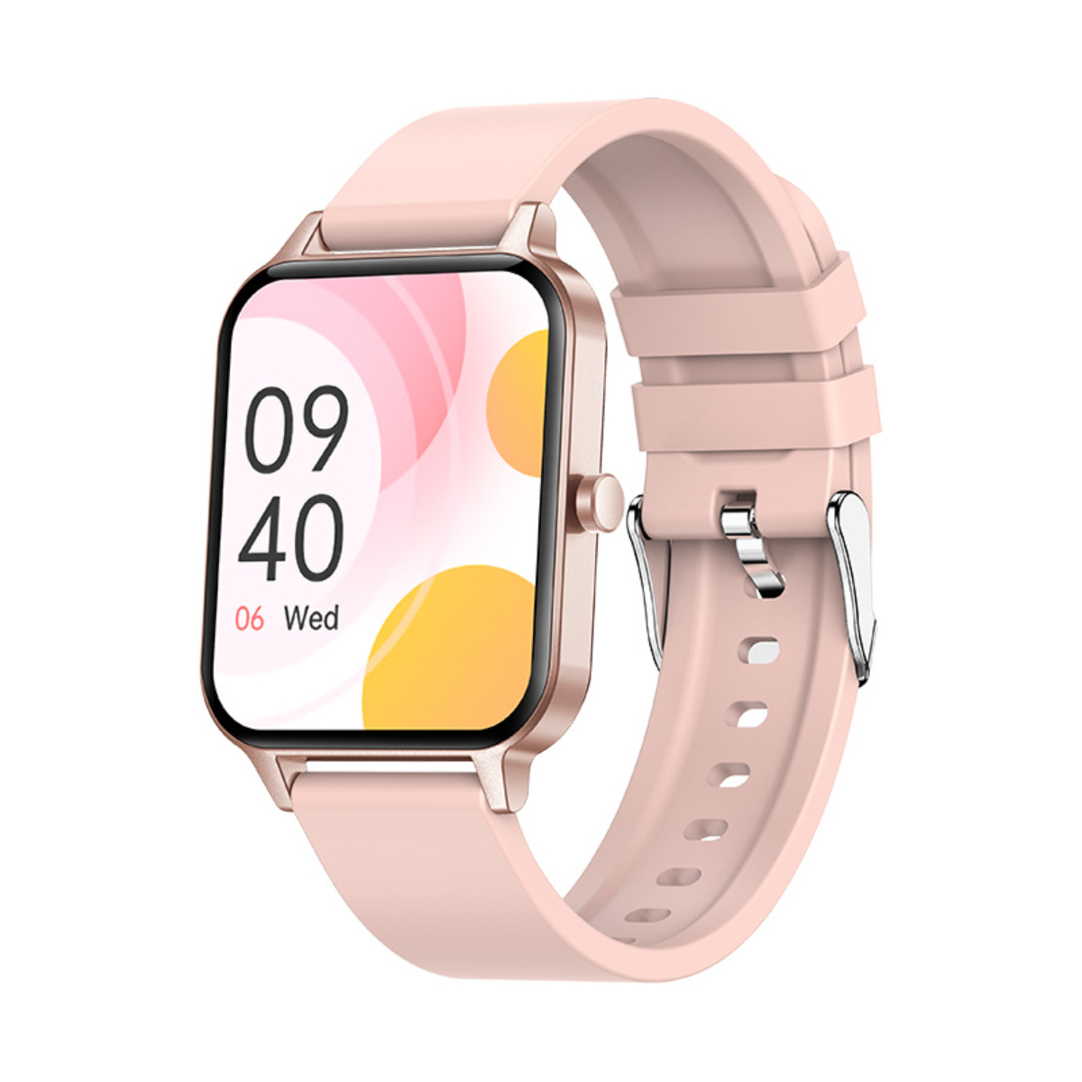 Rosafarbene Smartwatch mit rosafarbenem Armband, zeigt Uhrzeit und Datum. Isoliert auf weißem Hintergrund.