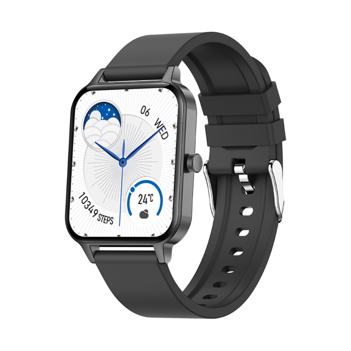 Eine schwarze Smartwatch mit quadratischem Zifferblatt, das Zeit und Daten anzeigt, auf weißem Hintergrund.
