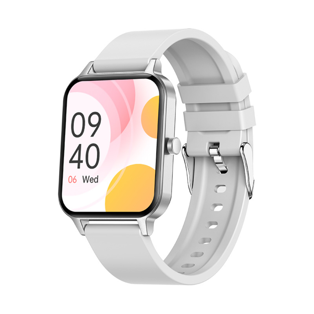 Weiße Smartwatch mit weißem Armband, die die Uhrzeit 09:40 und ein Datum anzeigt. Weißer Hintergrund.
