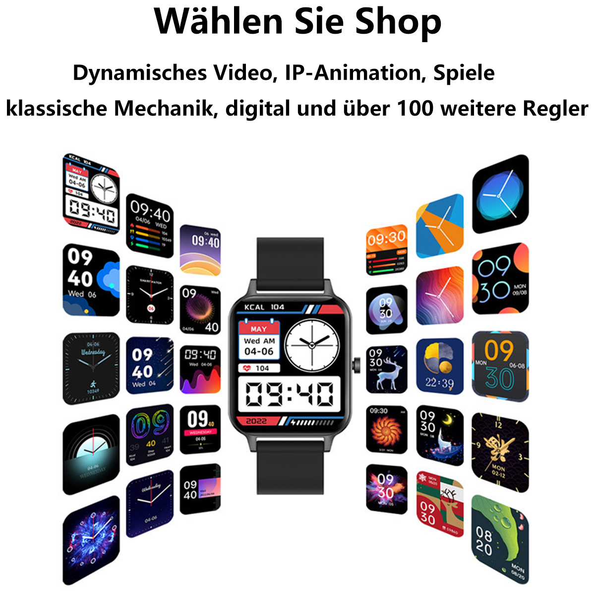 Smartwatch mit mehreren Zifferblättern, die die Zeit anzeigen. Text lautet 'Wählen Sie Shop'.