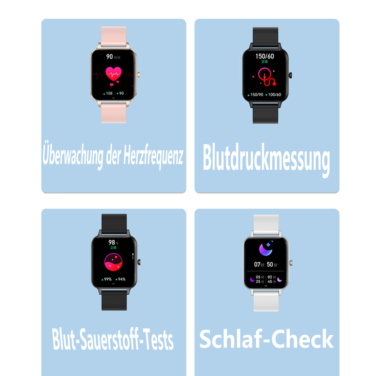 Vier Smartwatches zeigen Gesundheitsmetriken an. Herzfrequenz, Blutdruck, Blutsauerstoff und Schlafcheck.