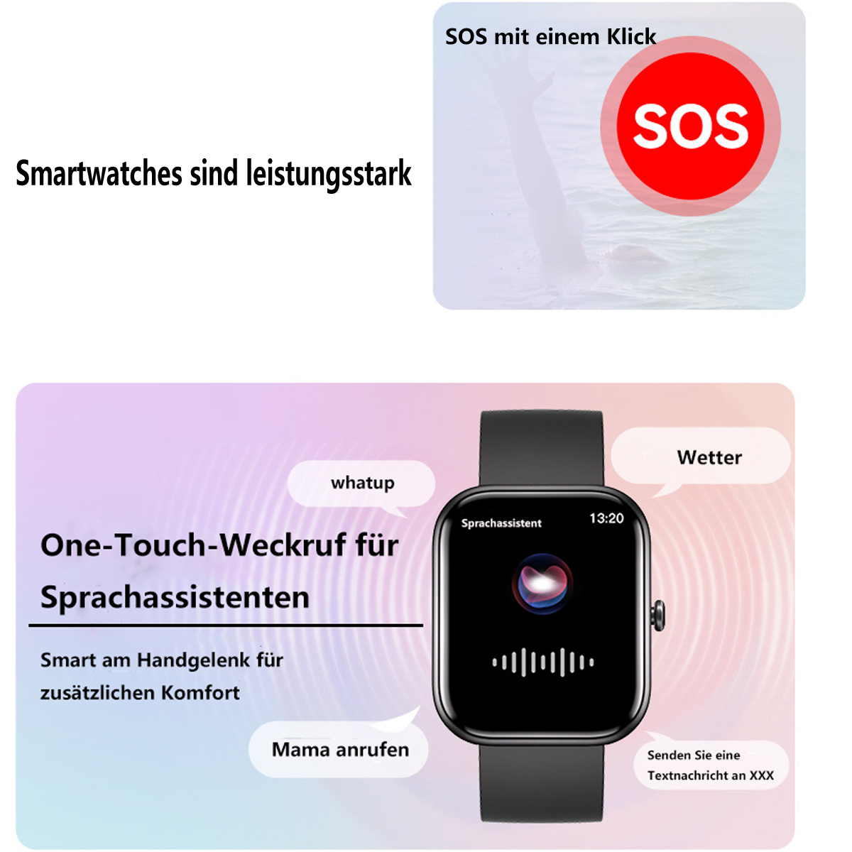 Smartwatch mit Textblasen: SOS, Wetter, Sprachassistent und Mama anrufen. Die Uhr ist schwarz.