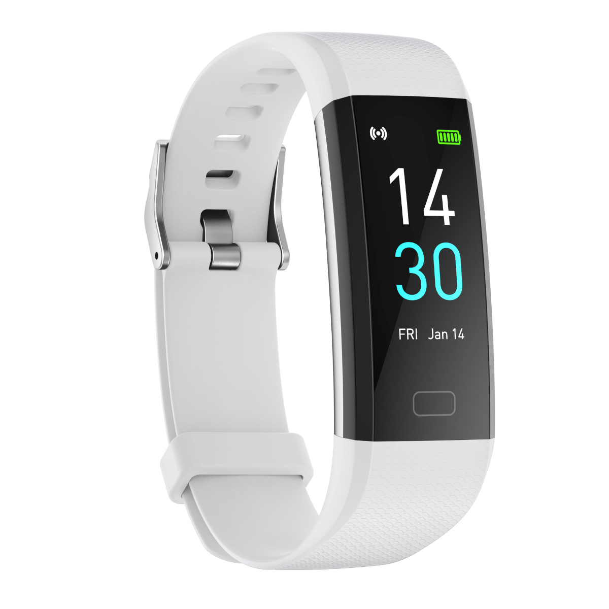 Weiße Smartwatch mit schwarzem Bildschirm, zeigt Zeit und Akkulaufzeit.