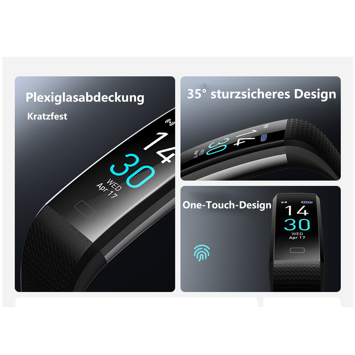 Nahaufnahmen eines schwarzen Fitnesstrackers mit digitaler Anzeige.