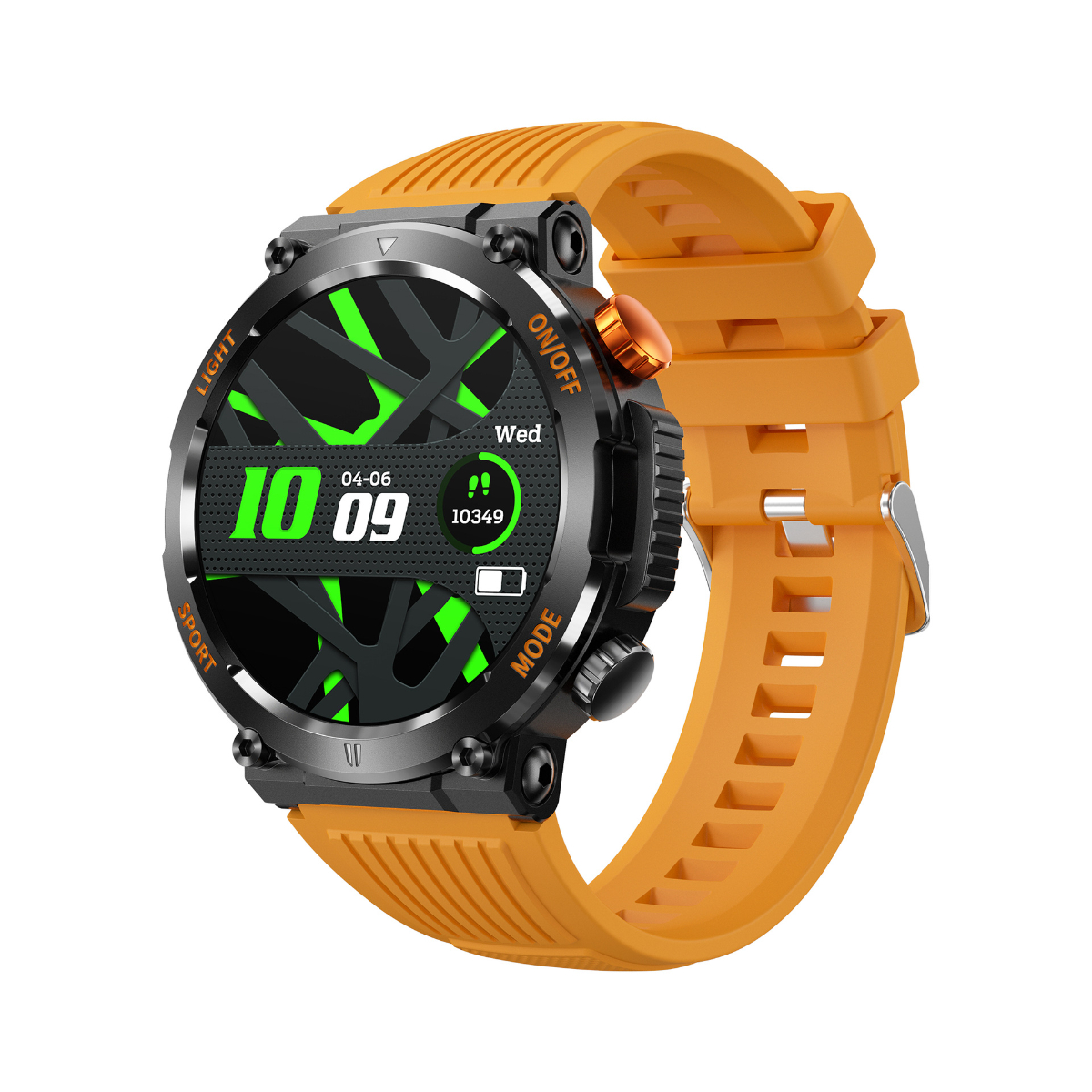 Eine Smartwatch mit orangefarbenem Armband, schwarzer Lünette und grüner Digitalanzeige.
