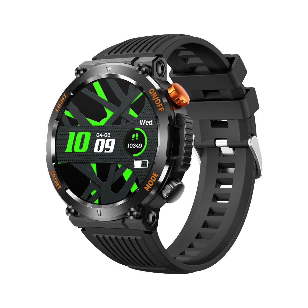 Eine schwarze Smartwatch mit rundem Zifferblatt, das Zeit und andere Daten anzeigt.