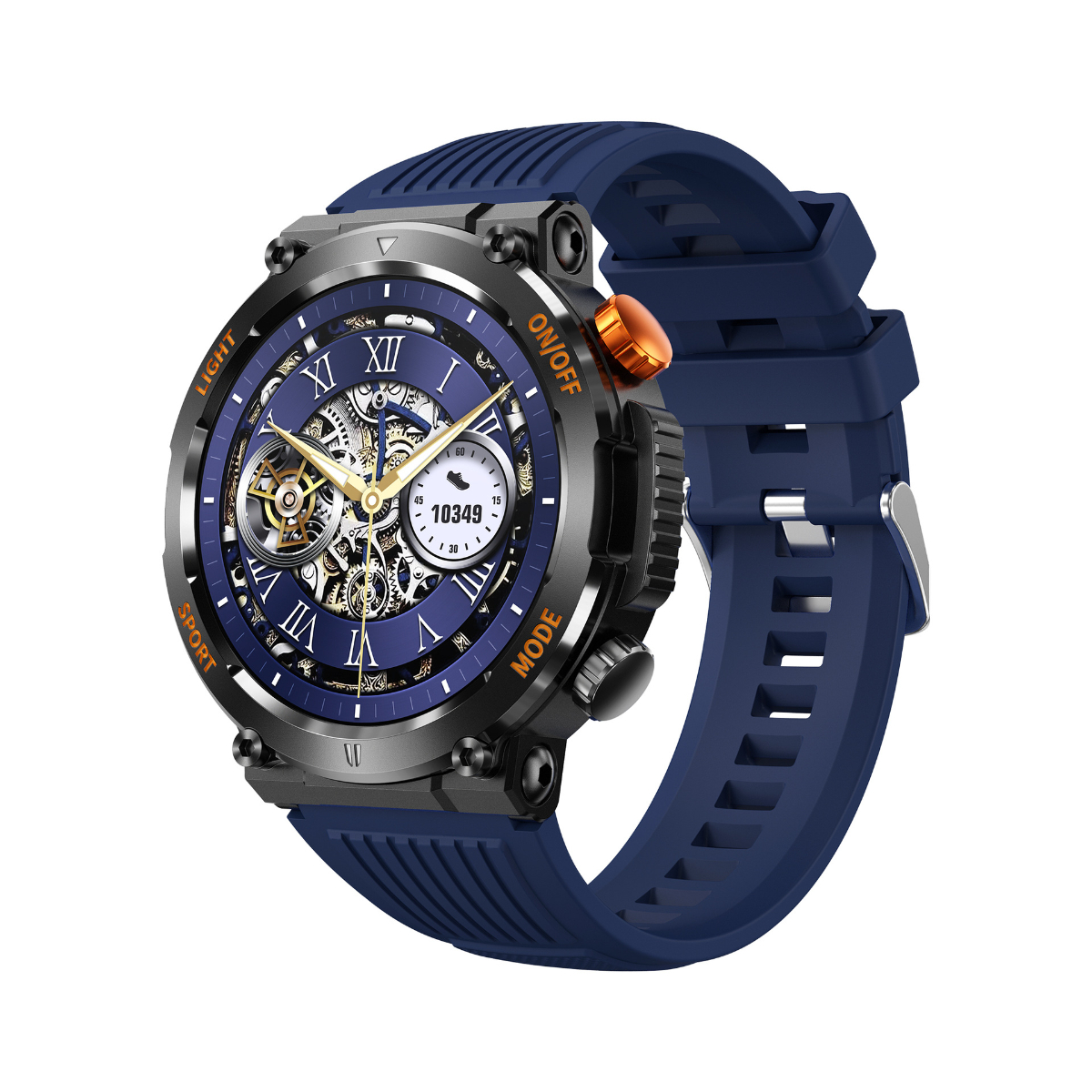 Blaue Smartwatch mit detailliertem Zifferblattdesign.