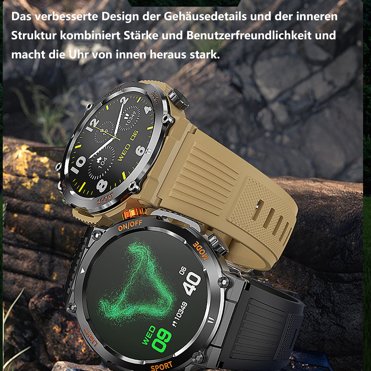 Zwei Smartwatches, ein beiges Armband, ein schwarzes. Text-Overlay im Hintergrund.