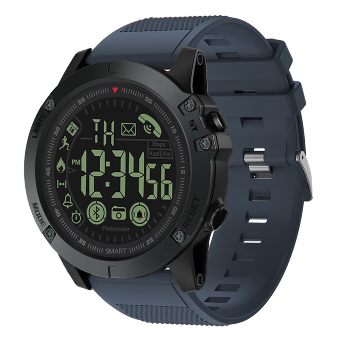 Eine schwarz-blaue Smartwatch mit digitaler Anzeige, die Zeit und andere Fitnessdaten anzeigt.
