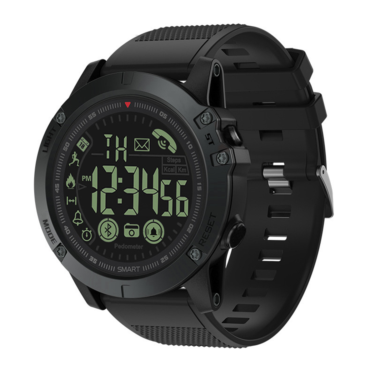 Schwarze Smartwatch mit digitaler Anzeige, die Zeit und Daten anzeigt.