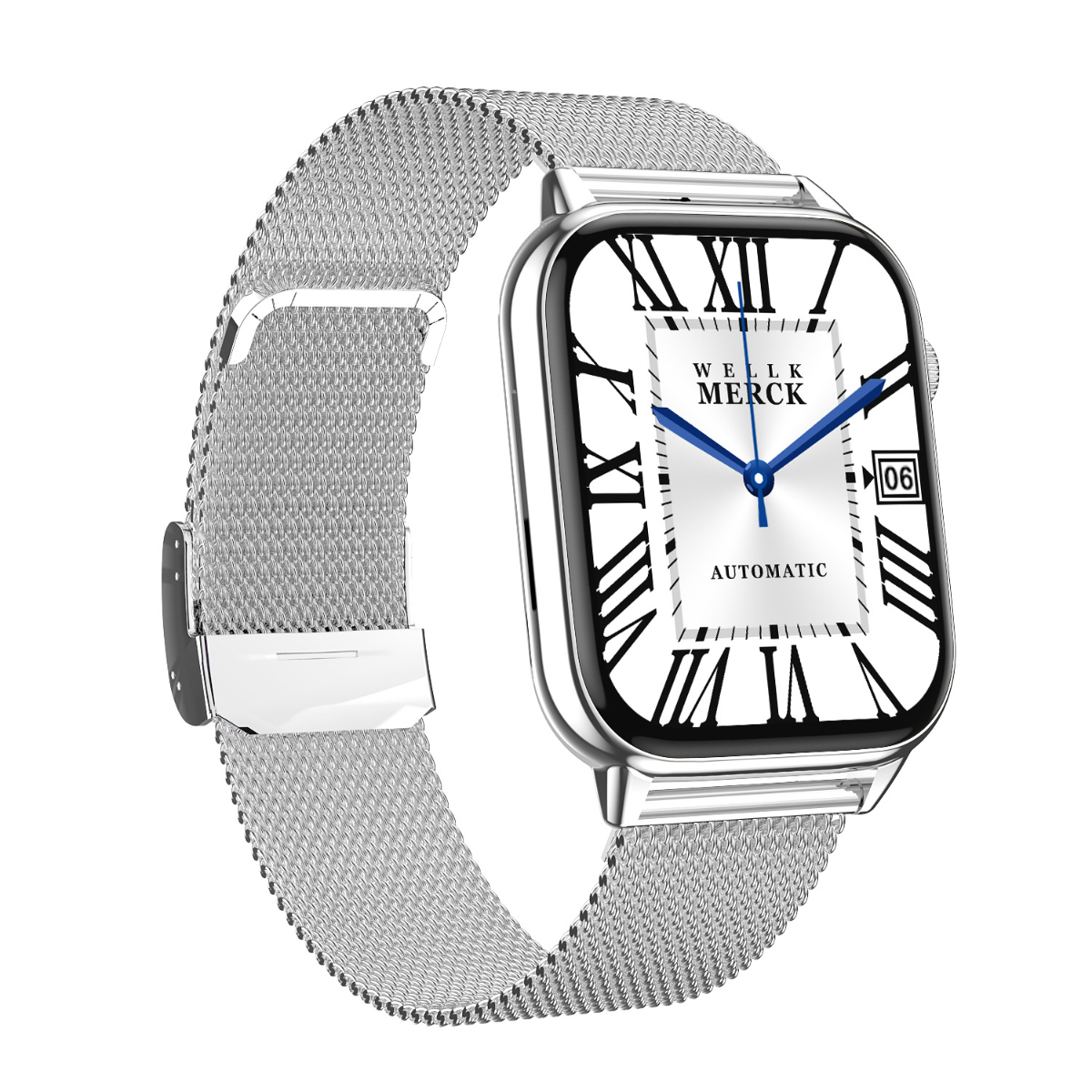 Silberne Armbanduhr mit quadratischem Zifferblatt, schwarzen römischen Ziffern und Datum.