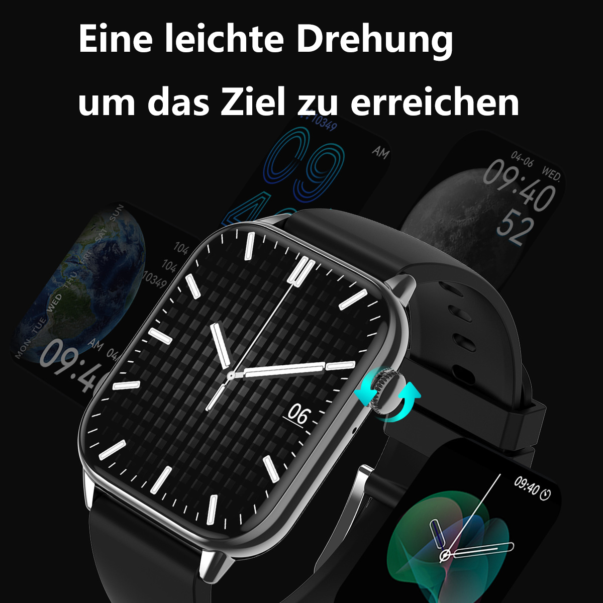 Smartwatch mit verschiedenen Bildschirmen und Text: 'Eine leichte Drehung, um das Ziel zu erreichen'.