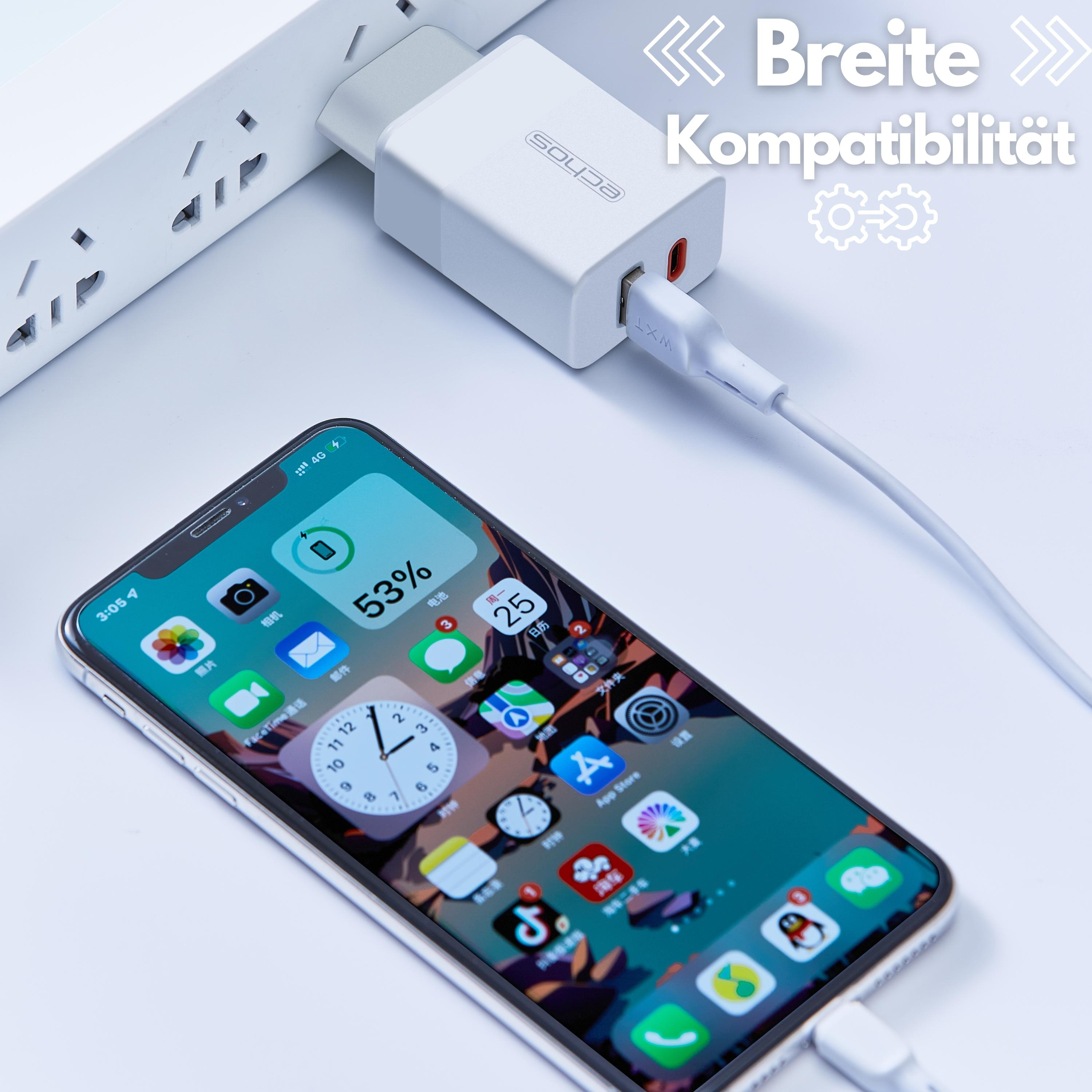 Ein Telefon, das mit einem weißen Ladegerät aufgeladen wird. Das Telefon zeigt mehrere App-Symbole an.