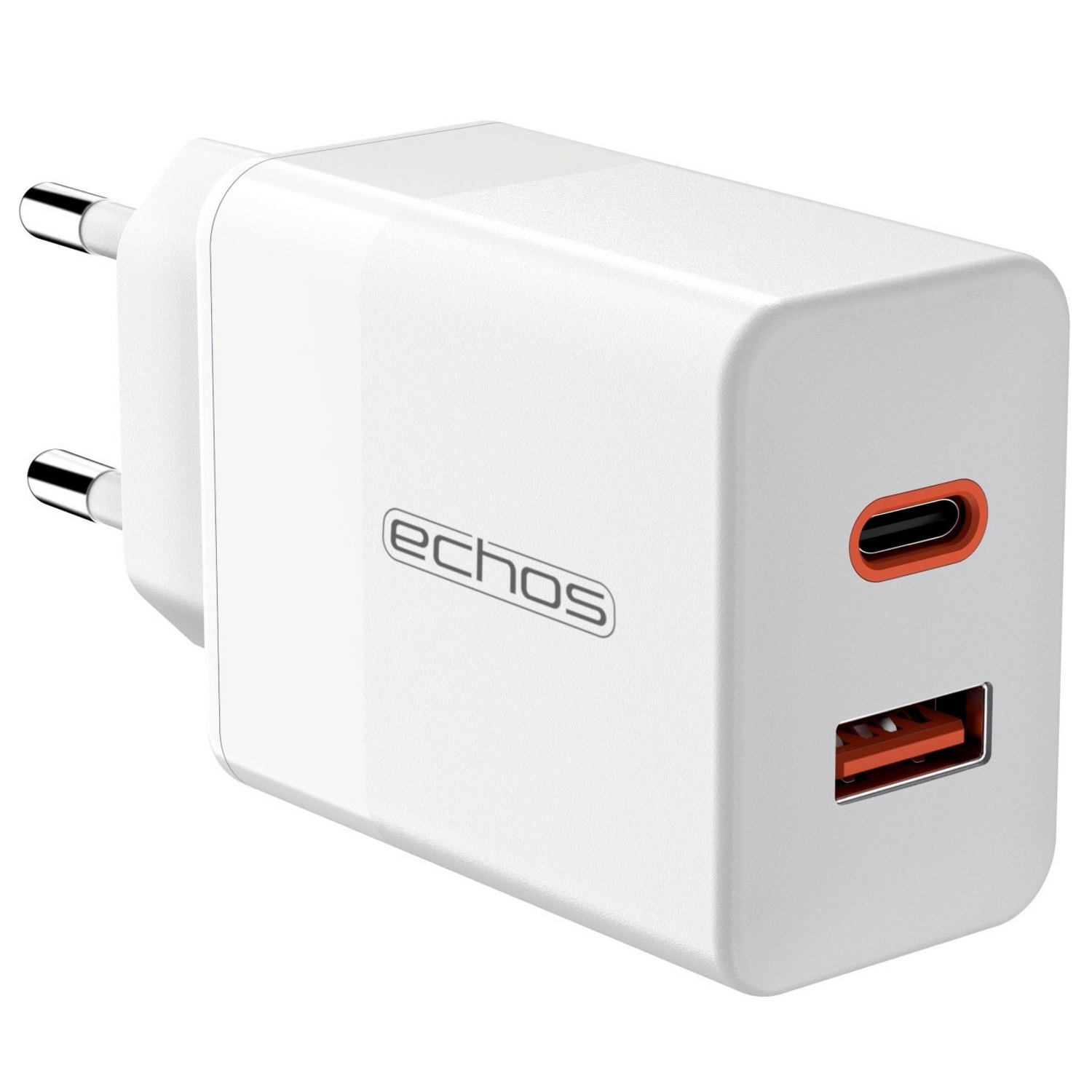Weißes Wandladegerät mit zwei Anschlüssen: einem USB und einem USB-C. Die Marke ist 'echos'.