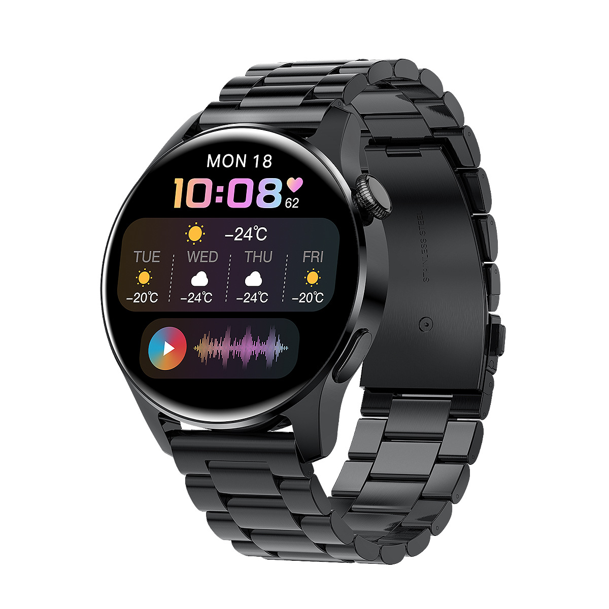 Schwarze Smartwatch mit schwarzem Armband. Zeigt Datum, Zeit, Wetter. Weißer Hintergrund.