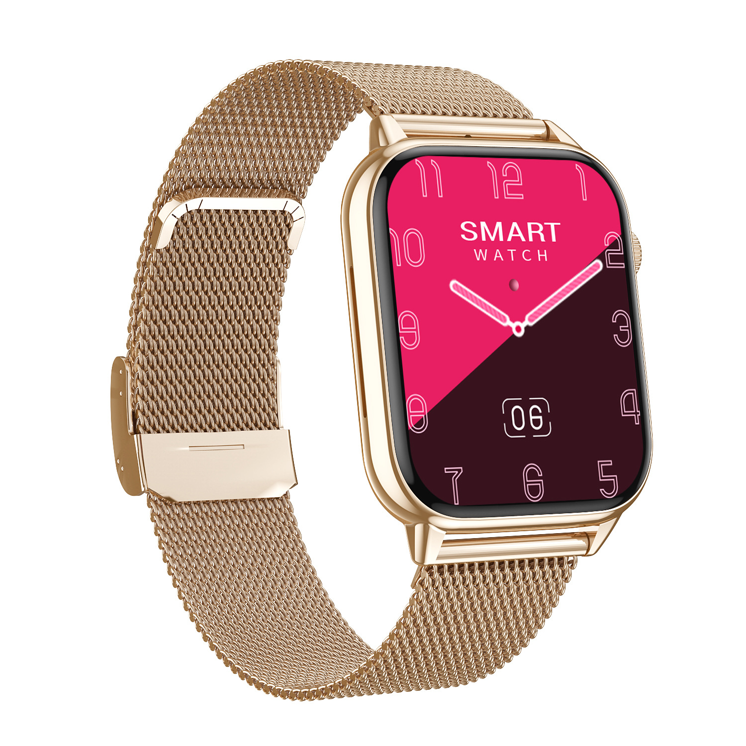 Eine goldene Smartwatch mit pink-schwarzem Bildschirm. Die Uhr hat ein goldenes Mesh-Armband.