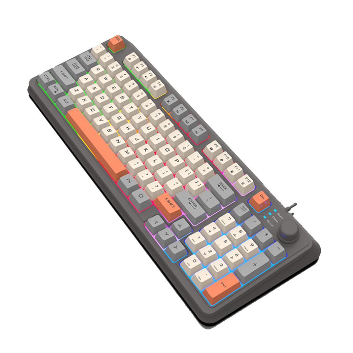 Schräge Ansicht einer grauen mechanischen Tastatur mit orangefarbenen Akzenten, weißen Tasten und Lautstärkeregler.
