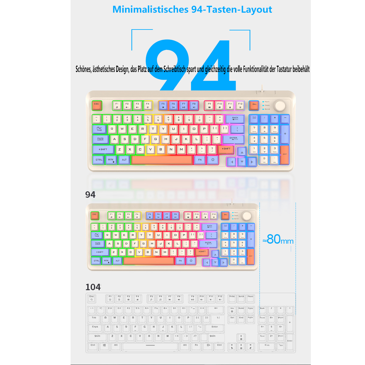 Zwei Tastaturen, weiß und beige, zeigen ein 94- und 104-Tasten-Layout.