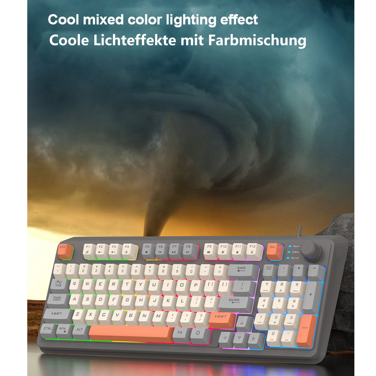 Eine Tastatur mit schwarzem Rahmen und Mischfarbenlichtern. Der Hintergrund ist stürmisch.